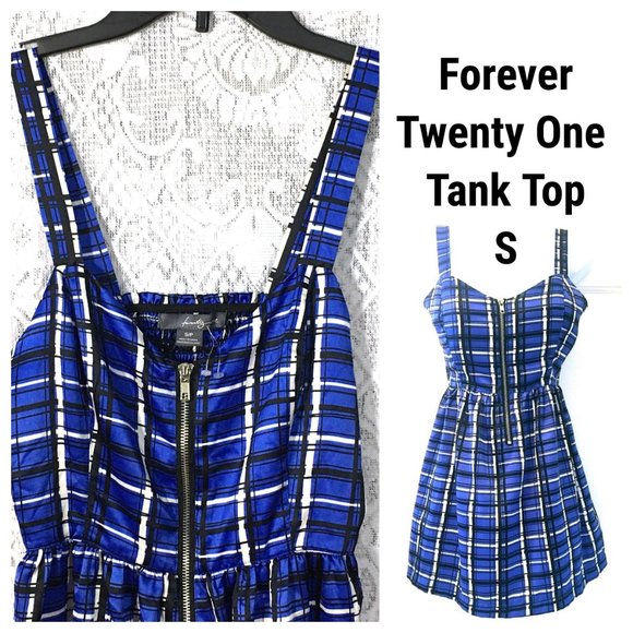 Forever Twenty One 21 Tank Top Blouse Shirt / Mini Dress Plaid Blue Black S - Picture 1 of 10